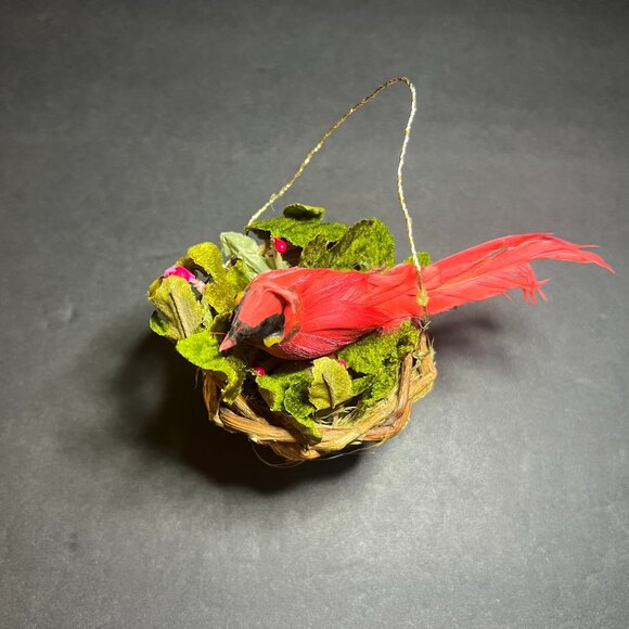 Vintage Handcrafted Cardinal Bird in Woven Wicker Nest Christmas Tree Ornament - Picture 6 of 8